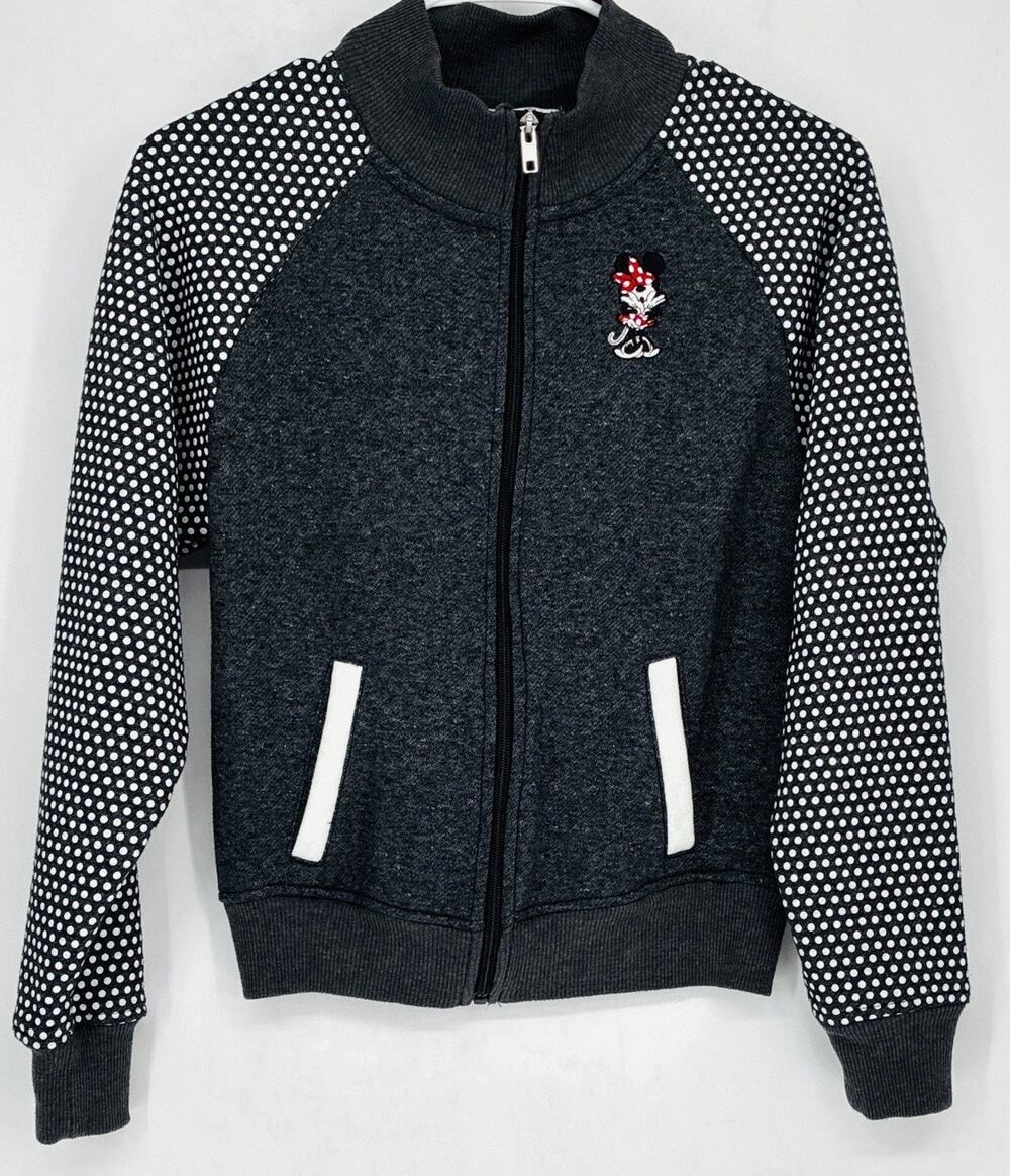 Disney Parks Minnie Mouse Polka Dot Zip Up Raglan Fleece Gray Bomber Jacket S